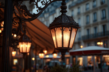 Beautiful ornate lantern lighting up a charming street in Paris during twilight hours