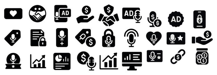 Fototapeta premium Collection of black and white icons that include a microphone, a dollar sign, a heart, and a hand