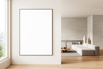 Blank poster mockup in modern living room interior with minimalist furniture and natural light...