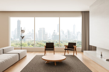 Modern interior design living room with panoramic city skyline view, featuring minimalist furniture and natural lighting. 3D Rendering. 3D Rendering