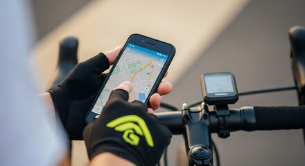 Cyclist Using GPS Navigation App on Smartphone

