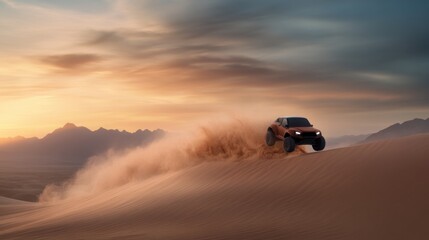 Off-road vehicle racing across desert dunes at sunset