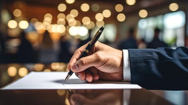 Close-Up of Hand Signing Document with Luxury Pen