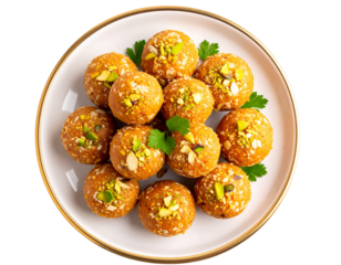  Plate of Indian Sweets (Laddus) with Dry Fruits and Herbs, PNG Cutout