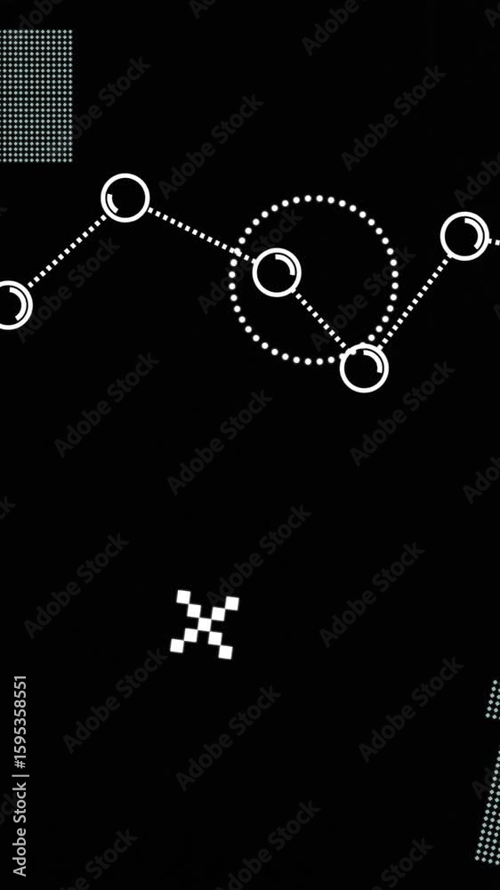 Poster animation of rotating shapes and network over dark computer servers