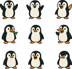 Cartoon penguin character set in 3x3 grid, various expressive poses and emotions, cute vector drawing, flat animal illustration