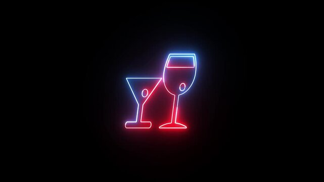 Neon martini icon animation. Glowing neon cocktail sign, looped slow flashing animation. Night cocktail, martini glass, alcohol bar, drinks menu, summer party.