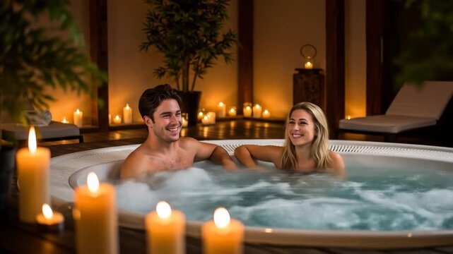 Romantic Couple Relaxing in a Hot Tub at a Spa - A young couple enjoys a relaxing soak in a hot tub surrounded by candlelight.
