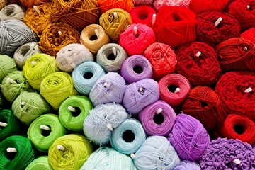 These colorful pictures show a neatly arranged and colorful set of spools and bobbins. The yarn is neatly stacked.
