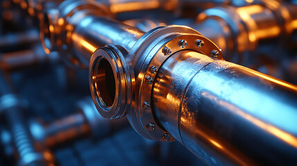 Close-up of Industrial Metal Pipes and Flanges, Abstract Background