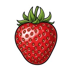Detailed illustration of a single, vibrant red strawberry, showcasing its textured surface and green leaves.