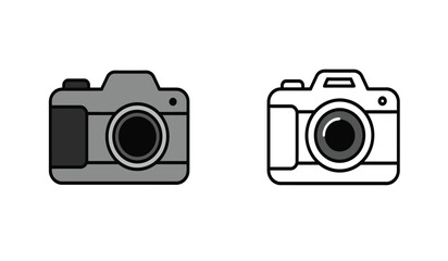 Two Camera Icons in Gray and Black Outline on White Background