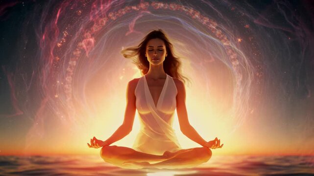 Woman meditating in lotus pose opening a portal to another dimension