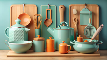 Stylized Kitchen Utensils in Teal and Orange on Wooden Surface