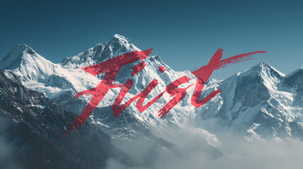 Snowy mountain range under a blue sky with a large red text overlaying the landscape view image