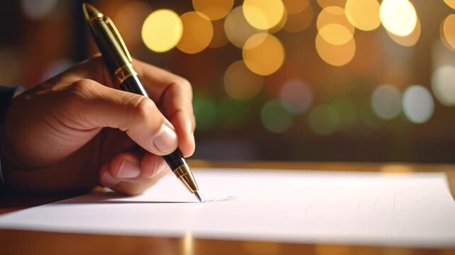 Close-Up of Hand Signing Document with Luxury Pen