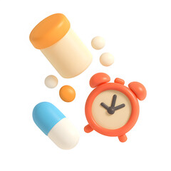 3d medicine bottle with clock icon isolated on transparent background. health or timing concept