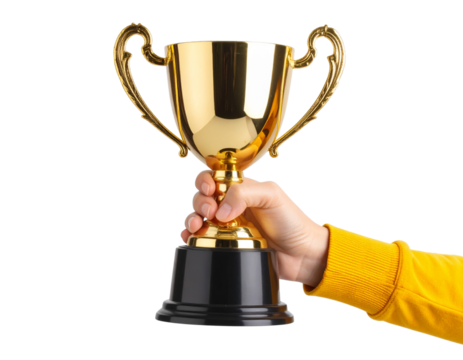 Golden Trophy Held by Hand in Yellow Sleeve Isolated on Transparent Background - Powered by Adobe
