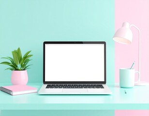 Fototapeta premium Generated image Minimal 3D Render of Modern Workspace with Laptop, Tablet, and Coffee with pastel aesthetic concept