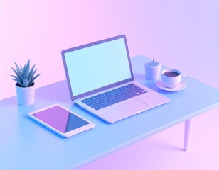 Generated image Minimal 3D Render of Modern Workspace with Laptop, Tablet, and Coffee with pastel aesthetic concept