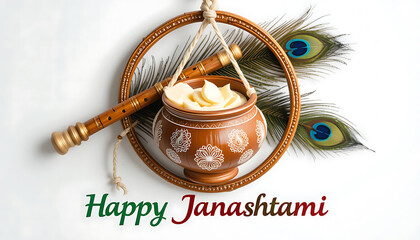 A festive janmashtami display with makhan pot, flute, peacock feathers and decorative golden frame