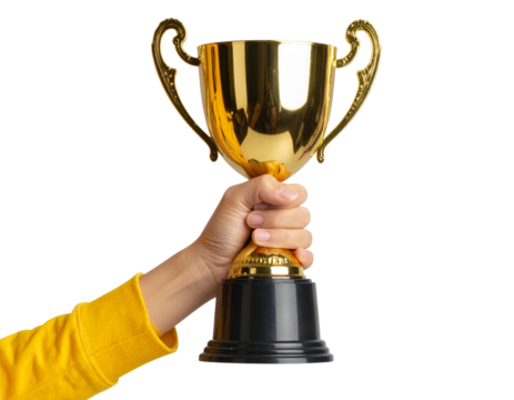 Winning Moment with Trophy in Hand, Yellow Sleeve, PNG Clipart