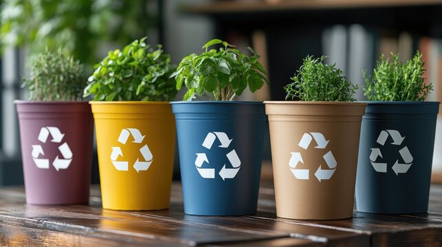 Stylish set of pots with plants, featuring a cardboard recycling symbol promoting eco-friendliness.