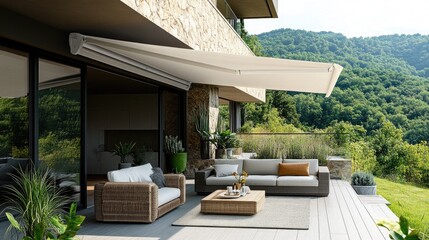 Stylish outdoor patio with furniture, plants, and retractable awning for relaxation.