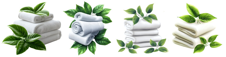 Set of spa towels and green herbal leaves for wellness and relaxation, isolated on transparent background