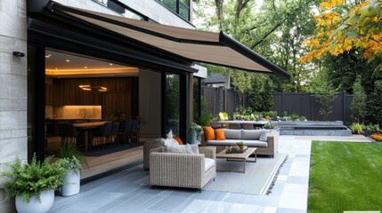 Stylish outdoor patio with furniture, plants, and retractable awning for relaxation.