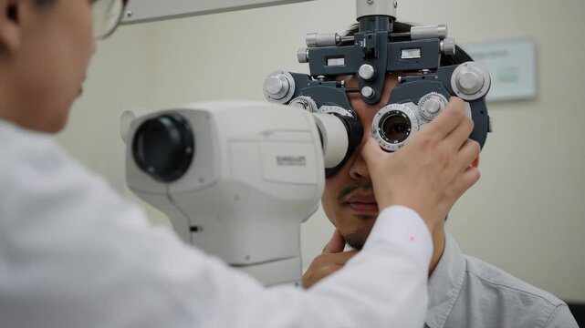 Man undergoing eye exam with phoropter - Close-up view of a man sitting during an eye examination, wearing a phoropter device.