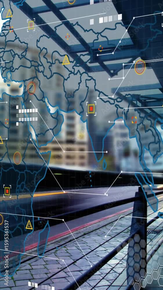 Wall mural world map with data points and network connections animation over urban cityscape
