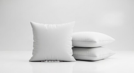 Three fluffy, white pillows stacked and arranged on a reflective, bright surface.