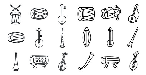 Collection of musical instruments, including drums, flutes, and horns. The instruments are drawn in black and white, giving the image a classic and timeless feel