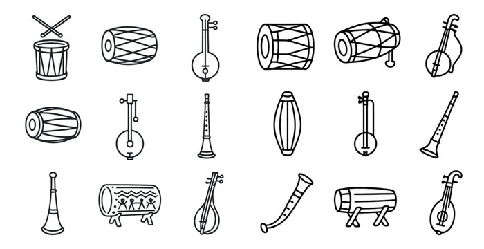 Collection of musical instruments, including drums, flutes, and horns. The instruments are drawn in black and white, giving the image a classic and timeless feel