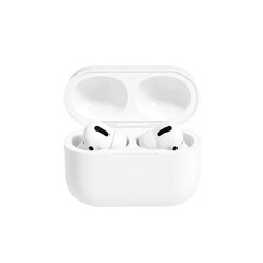 White open AirPods with charging case mockup isolated on transparent background