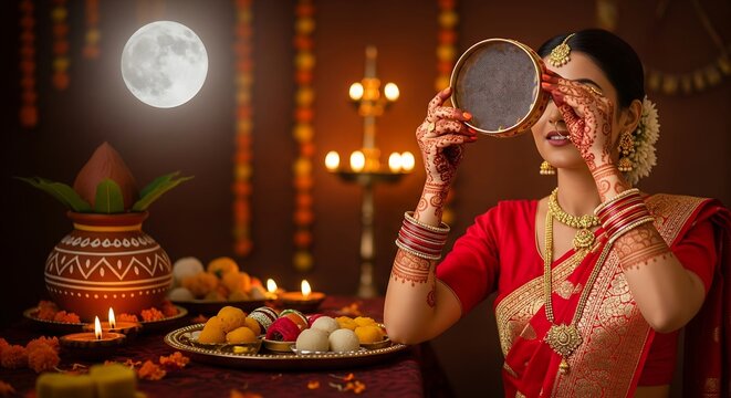 Indian woman celebrating karwa chauth looking at the moon through a sieve