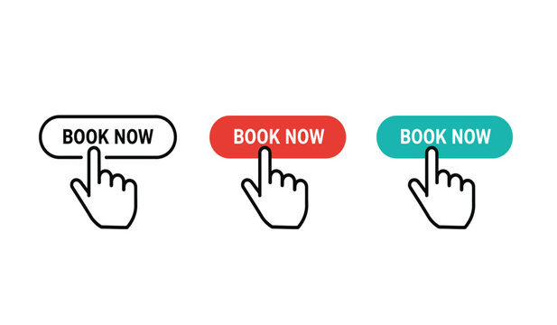 Click here to book now button with hand cursor concept