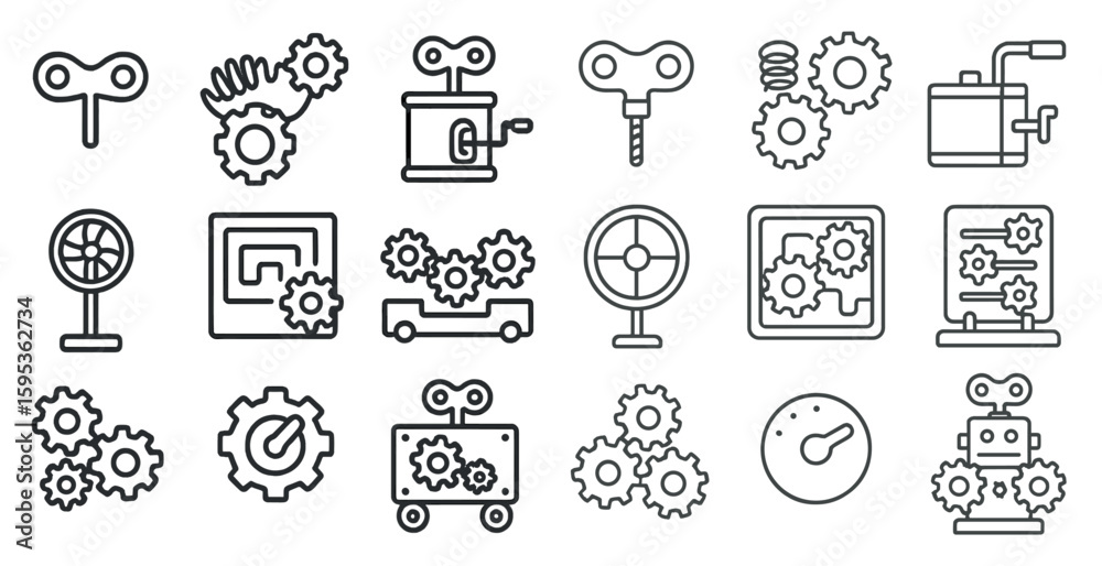 Poster set of mechanical gears and other objects are shown in a black and white style. the gears are arrang