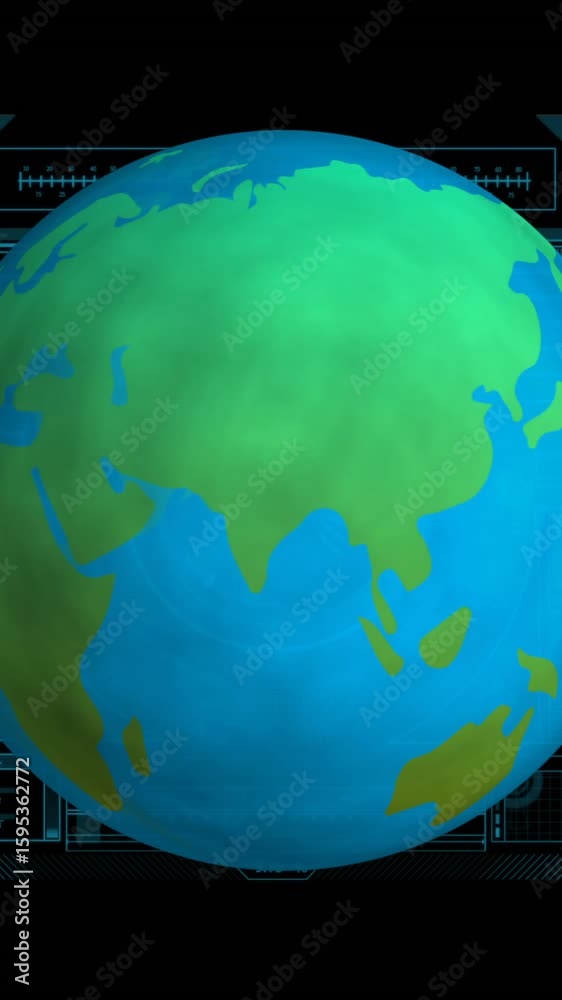 Poster rotating earth animation over futuristic data interface with charts and graphs