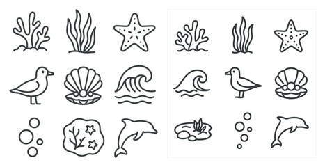 The image is a collection of various sea creatures and plants, including a starfish, a dolphin, a seahorse, and a jellyfish. Scene is one of serenity and tranquility