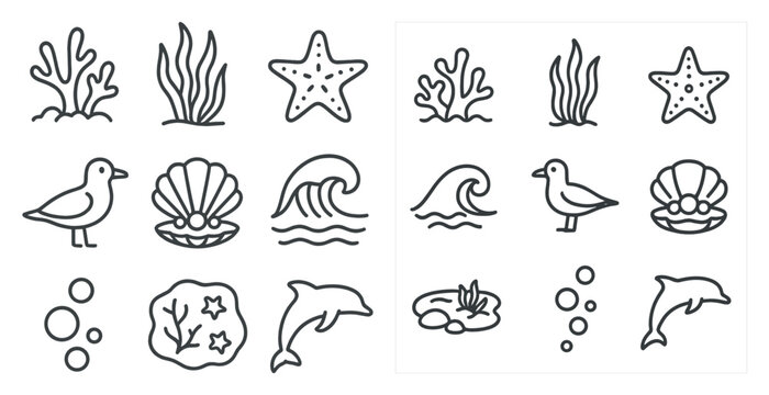 The image is a collection of various sea creatures and plants, including a starfish, a dolphin, a seahorse, and a jellyfish. Scene is one of serenity and tranquility