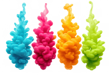 Four vibrant ink clouds, cyan, magenta, yellow, and green, are creating a beautiful abstract visual on a transparent background