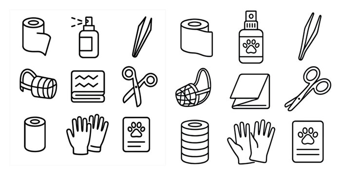 Variety of items related to pet care and grooming. The items include scissors, a bottle, a roll of toilet paper, and a pair of gloves