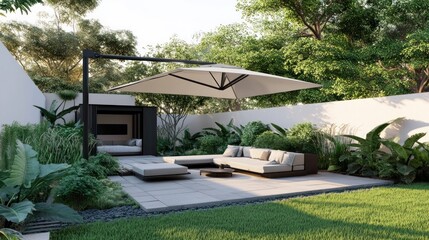 Modern outdoor patio design with lush plants