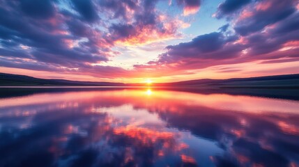 Naklejka premium Stunning Sunset Over Lake, Capturing Vibrant Sky Reflection on Calm Water Surface