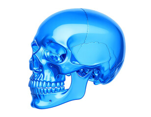 Caveira estilizada azul neon em plástico translúcido, perspectiva 3/4 com brilho leve