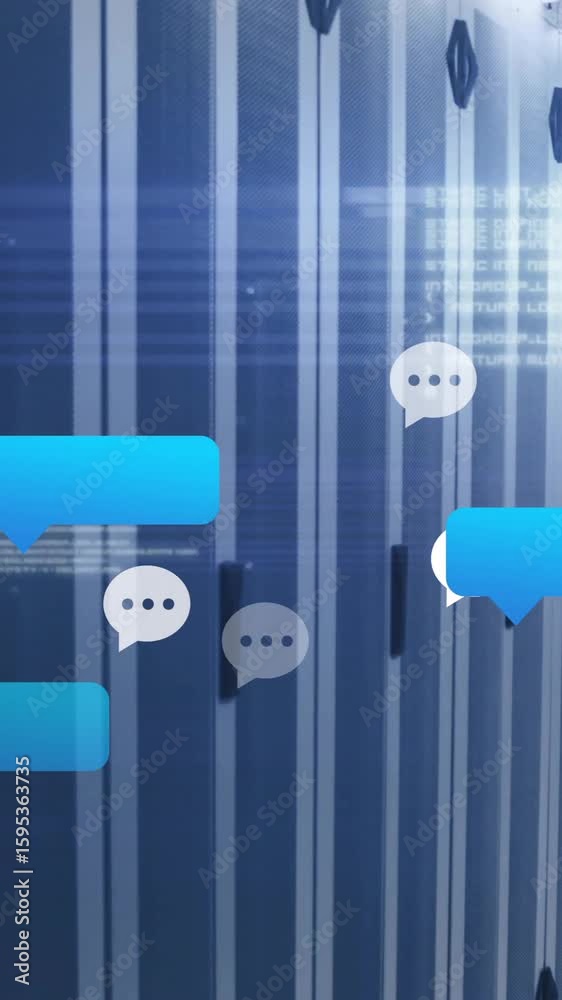 Poster in data center, chat bubbles floating over server racks, creating animation effect
