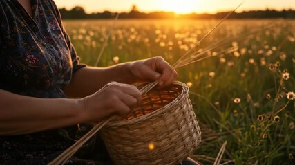 Woman Weaving a Basket in Sunset Field - A woman's hands carefully weave strands of grass into a light brown wicker basket in a sun-drenched field at sunset. - Powered by Adobe