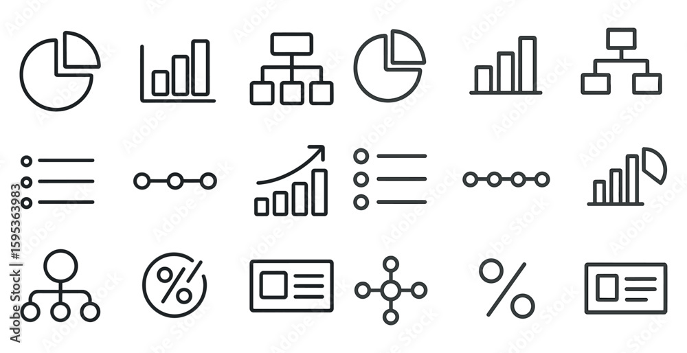 Poster set of icons for graphs and charts. the icons include a pie chart, a bar chart, a line chart, a scat